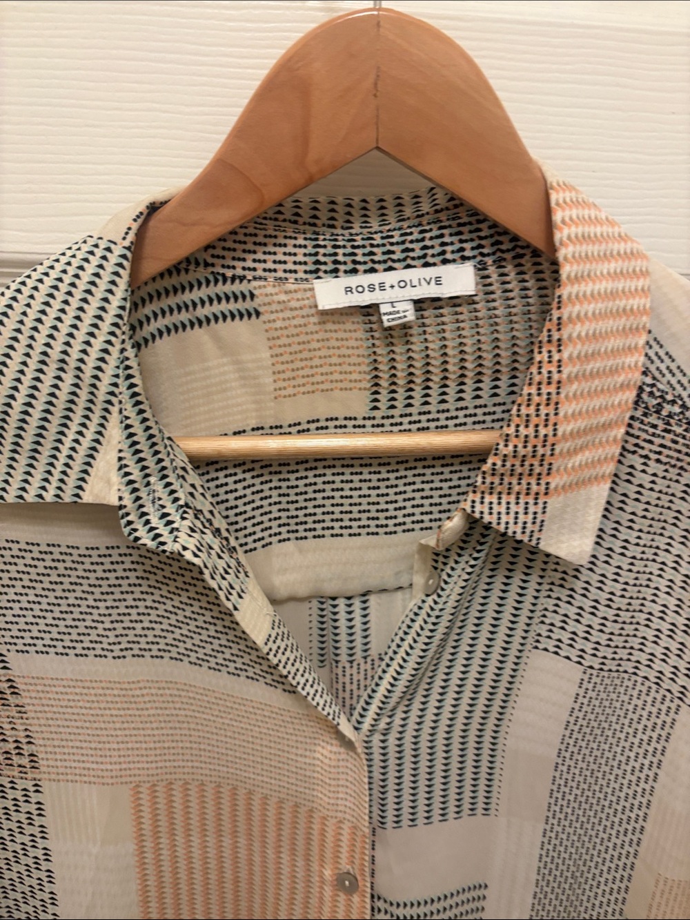 Rose & Olive Cream Button-Down Shirt with Peach and Navy Pattern A087
